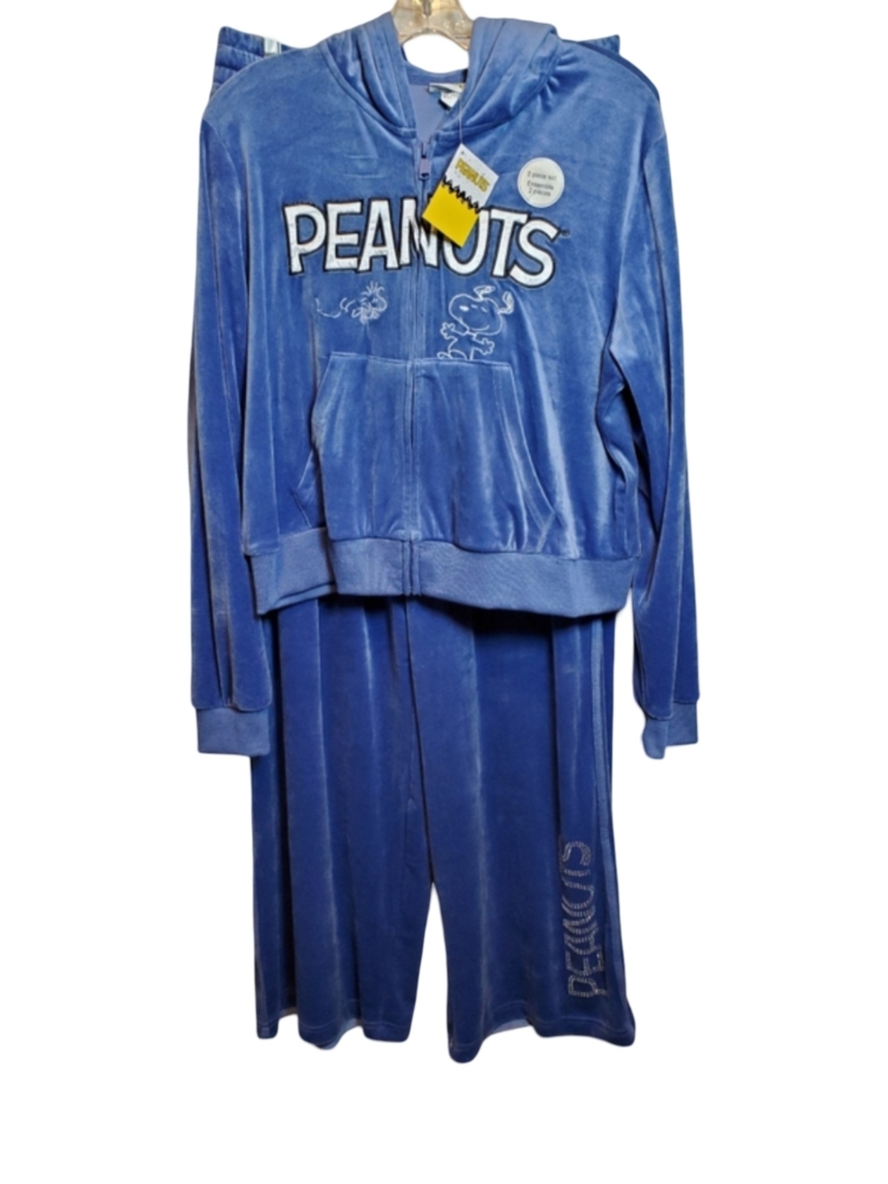 Peanuts Blue Velour Hoodie Lounge Set Pajamas Yoga Gym Leisurewear Snoopy Size L